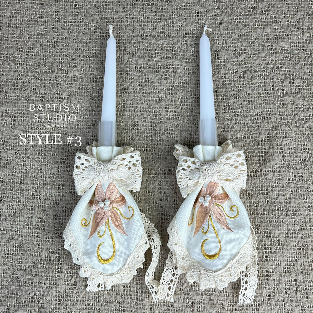 Handmade White Christening Candle Set – Elegant Lace & Silver Embroidery