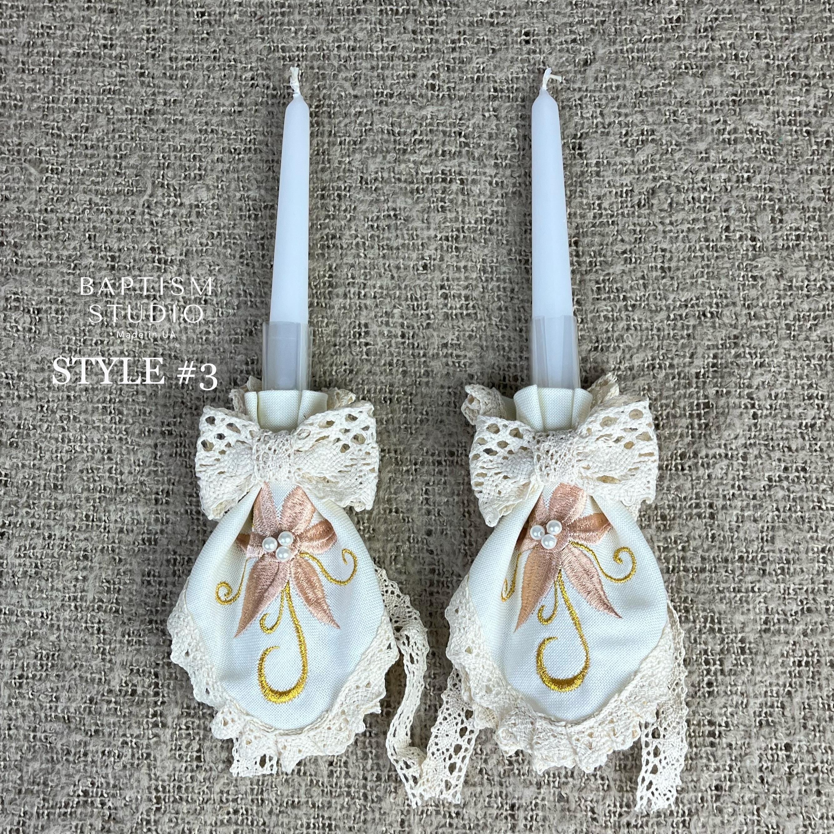 Handmade White Christening Candle Set – Elegant Lace & Silver Embroidery