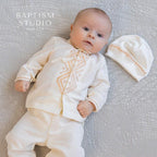Boys' Baptism Outfit  – Ivory with Beige Embroidery (Shirt, Pants, Booties, Hat), Christening Gown BoyBoys Baptism Gown