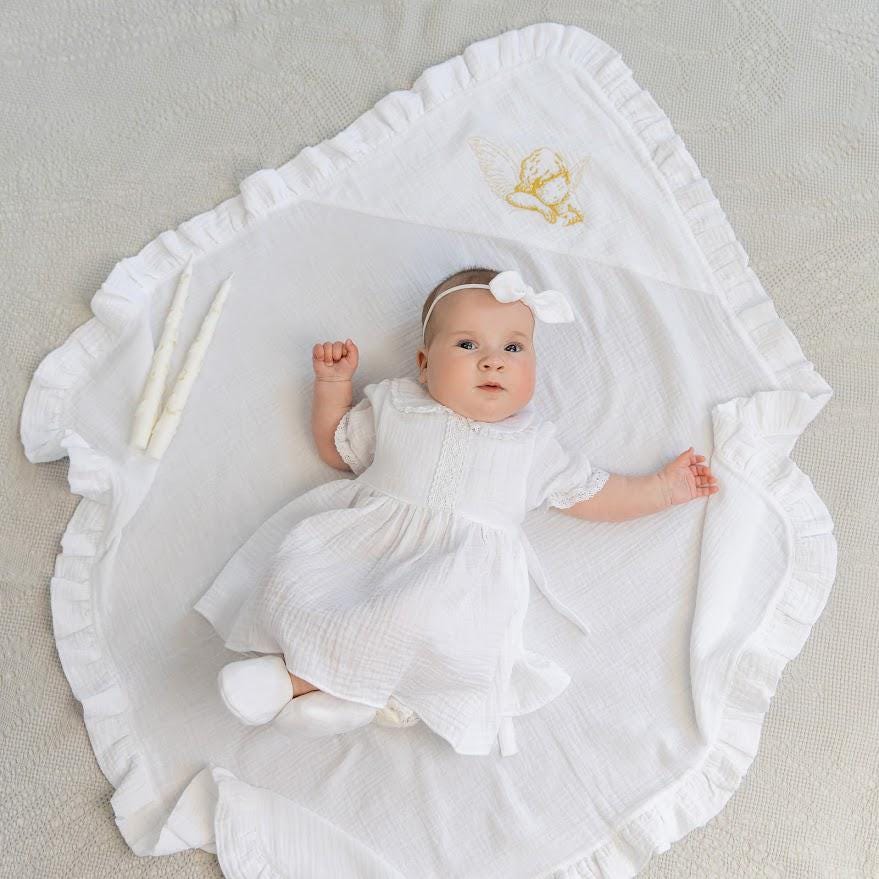 Muslin Baptism Set for Baby Girl – Dress, Blanket (80x80 cm), Booties, Headband & Candles – Personalized Christening Outfit