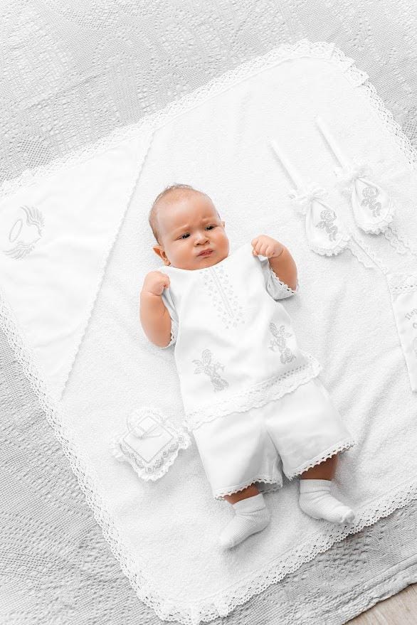Linen Baby Boy Christening Set – Baptism Clothes with Blanket, Candle Covers & Accessories for Newborn Boy