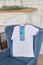 Boys Linen Ukrainian Embroidered Shirt • Blue Geometric Embroidery Vyshyvanka
