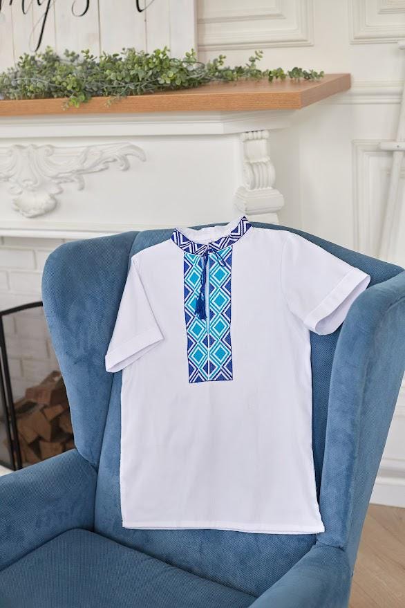 Boys Linen Ukrainian Embroidered Shirt • Blue Geometric Embroidery Vyshyvanka