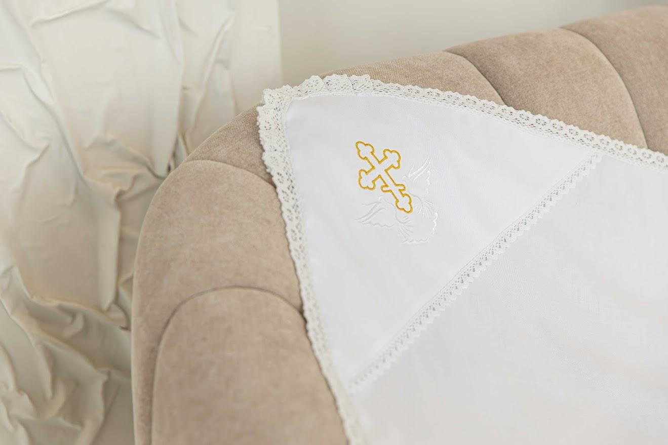 Orthodox Baptism Blanket with Hood – White Linen, Embroidered Cross and Dove, Christening Gift for Baby