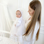 Luxury Linen Baptism Set for Baby Girl – Dress, Bonnet, Pants, Booties, Headband & Personalized Blanket