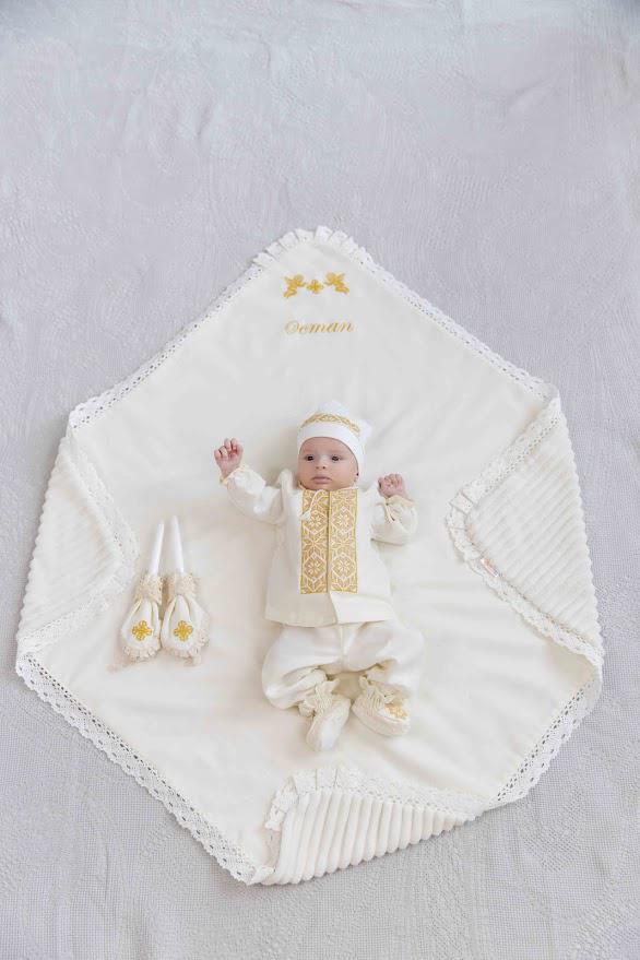 Baptism set with linen outfit, hooded towel and embroidered candles