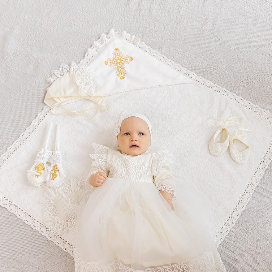 Luxury Linen Christening Outfit – Ivory Baptism Set for Baby Girl - Outfit & Blanket, mini pillow, candles