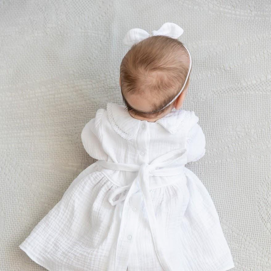 White Muslin Baby Baptism Dress with Bow Headband – Christening Outfit