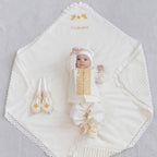 Baby boy christening outfit with gold embroidery and hooded baptism towel