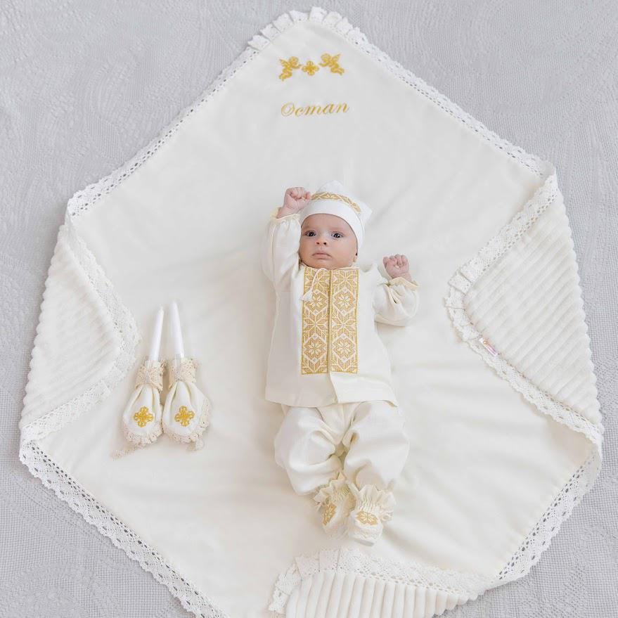 Baby boy christening outfit with gold embroidery and hooded baptism towel