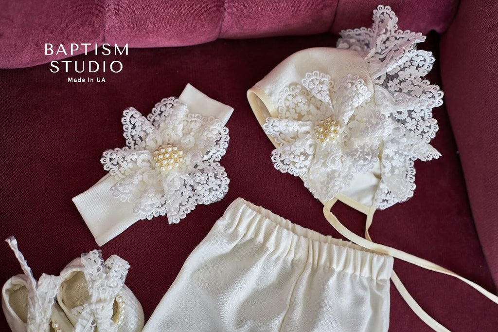 Ivory Linen Baby Girl Christening Set – 5‑Piece Outfit with Elegant Lace (Dress, Headband, Bonnet, Booties & Pants)