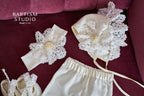 Ivory Linen Baby Girl Christening Set – 5‑Piece Outfit with Elegant Lace (Dress, Headband, Bonnet, Booties & Pants)