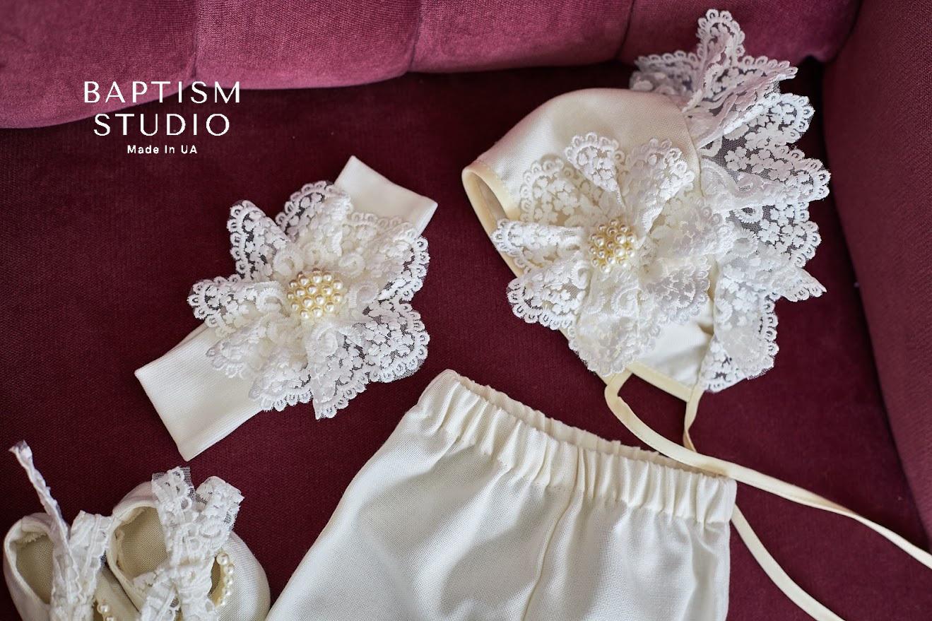 Ivory Linen Baby Girl Christening Set – 5‑Piece Outfit with Elegant Lace (Dress, Headband, Bonnet, Booties & Pants)
