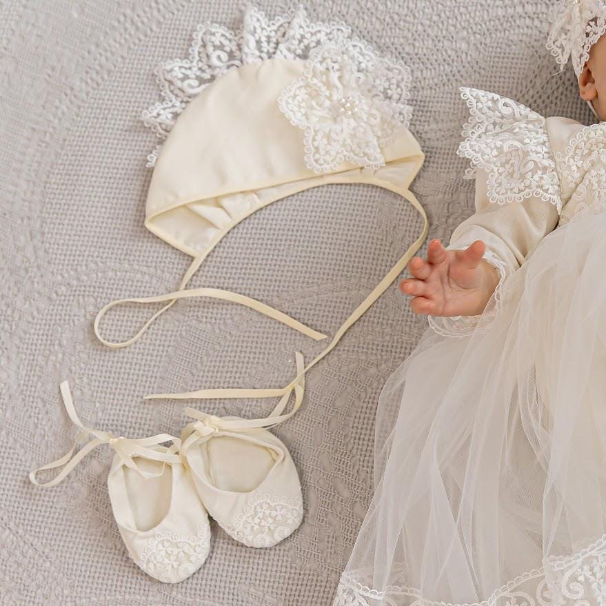 Luxury Linen Christening Outfit – Ivory Baptism Set for Baby Girl - Outfit & Blanket, mini pillow, candles