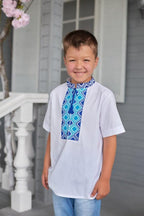 Boys Linen Ukrainian Embroidered Shirt • Blue Geometric Embroidery Vyshyvanka