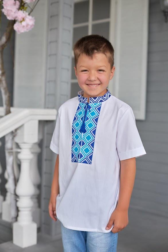 Boys Linen Ukrainian Embroidered Shirt • Blue Geometric Embroidery Vyshyvanka