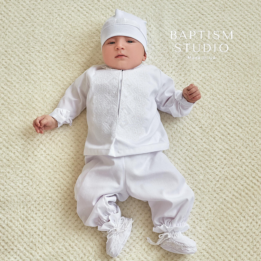 White Linen Baby Baptism Outfit with White Embroidery | Christening Set