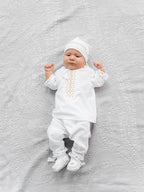 Baptism outfit boy, Linen Baby Outfit – 4-Piece Embroidered Set for Special Occasions (Shirt, Pants, Booties, Hat)