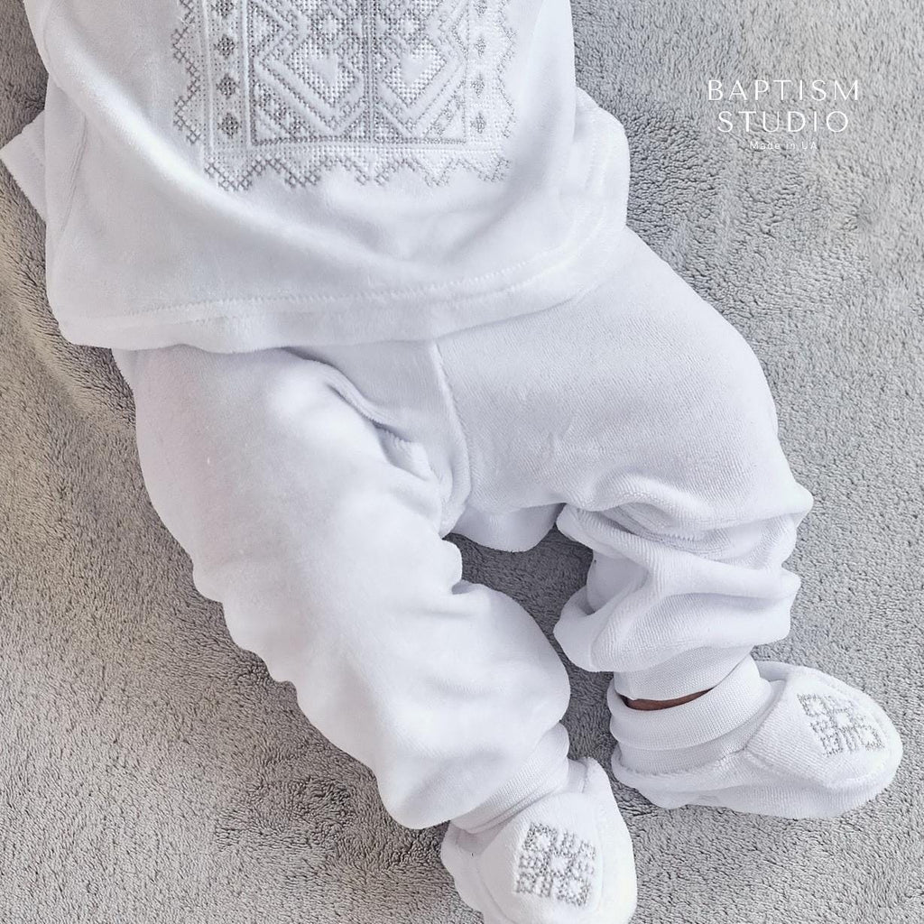 White Baby Baptism Velour Outfit with Silver Embroidery | Christening Set