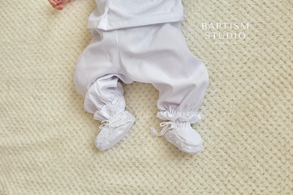 White Linen Baby Baptism Outfit with White Embroidery | Christening Set