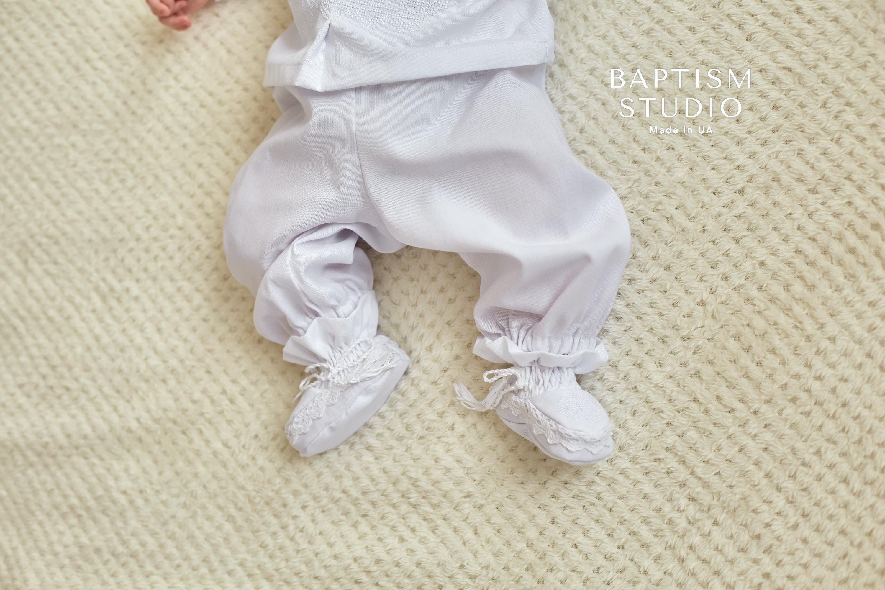 White Linen Baby Baptism Outfit with White Embroidery | Christening Set