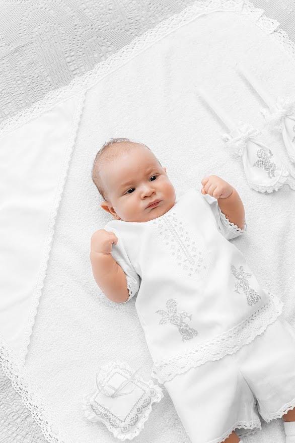 Linen Baby Boy Christening Set – Baptism Clothes with Blanket, Candle Covers & Accessories for Newborn Boy
