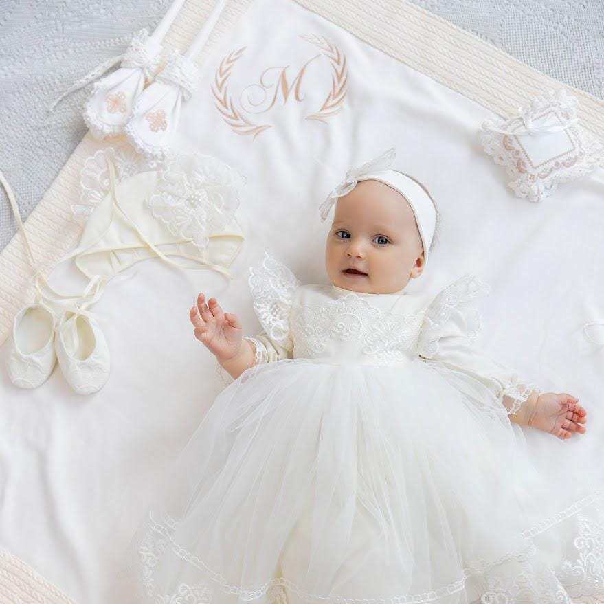 Luxury Christening Set for Baby Girl — Personalized Baptism Blanket, Linen Dress + Free Godmother Shawl
