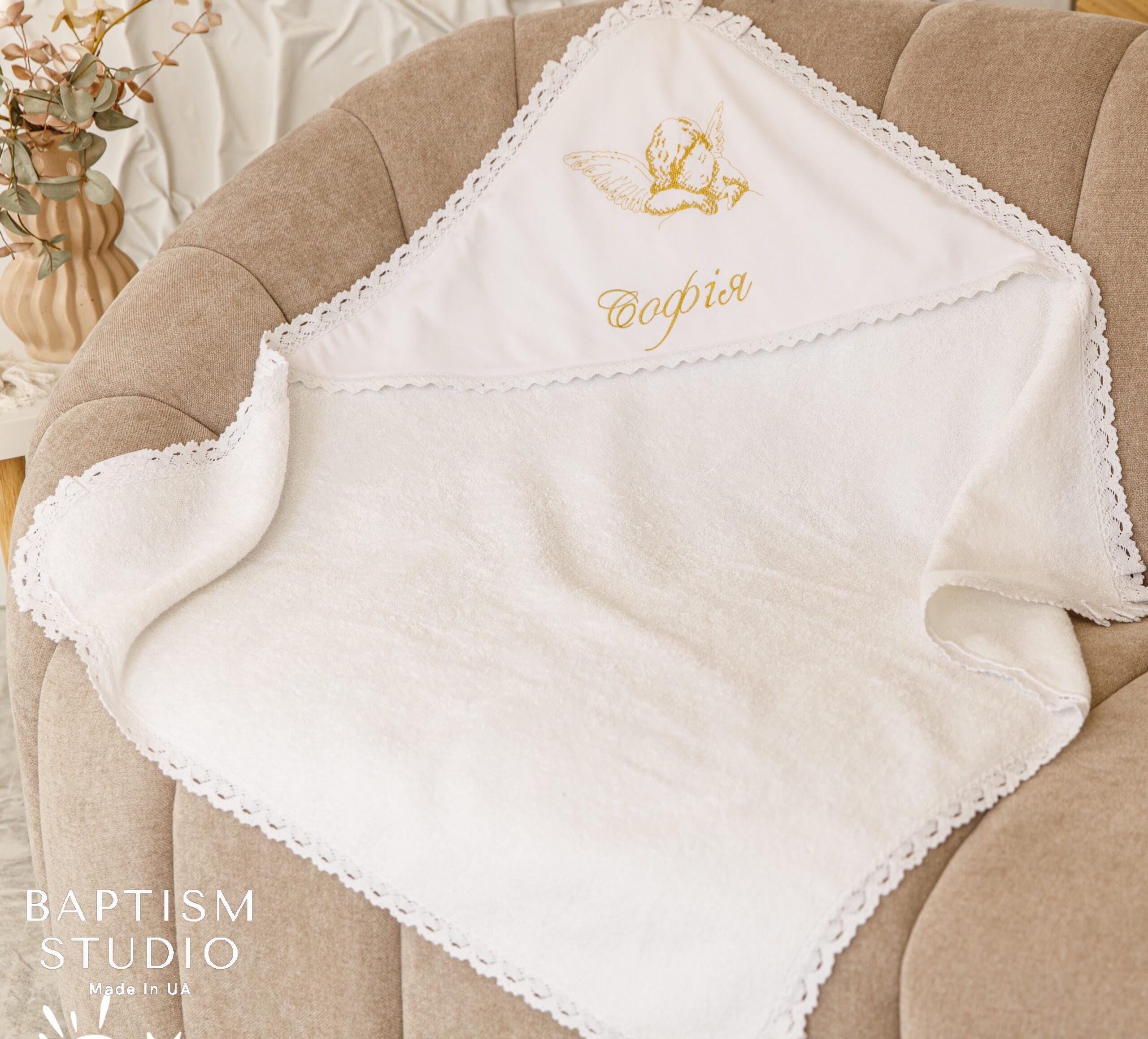 Personalized Hooded Baptism Towel – Embroidered Christening Gift with Lace Trim