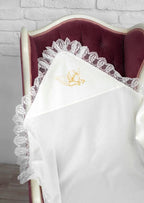 Personalized Linen Baptism Blanket (Kryzhma) 80×80 cm with Golden Angel Embroidery and Lace Trim