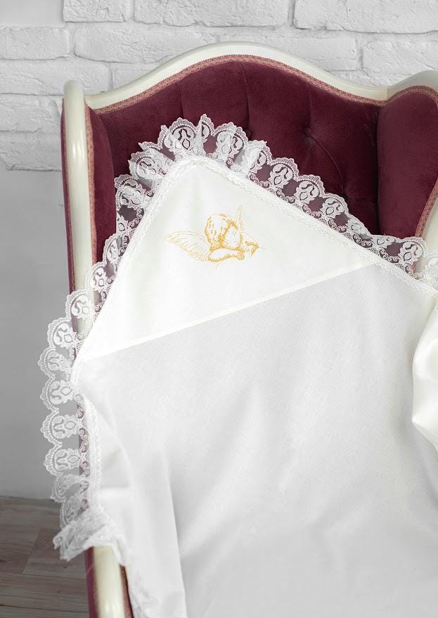 Personalized Linen Baptism Blanket (Kryzhma) 80×80 cm with Golden Angel Embroidery and Lace Trim