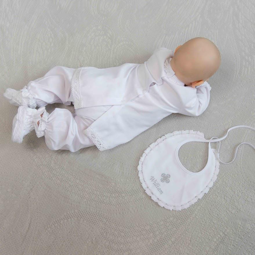 White Linen Baby Baptism Outfit with Bib | Christening Set