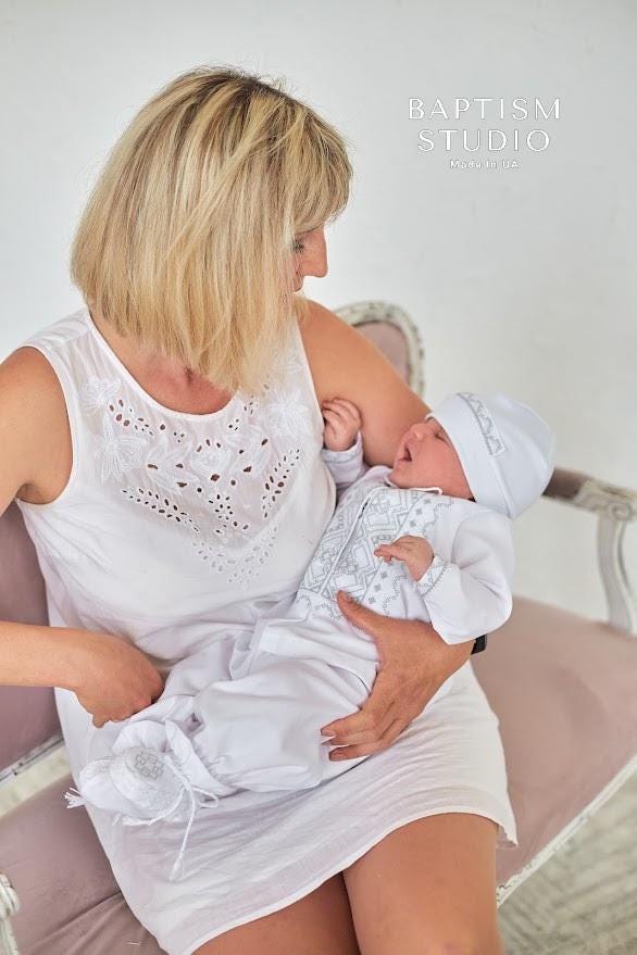 Linen Baby Boy Baptism Outfit – Ukrainian Christening Set with Silver Embroidery (4 pcs)
