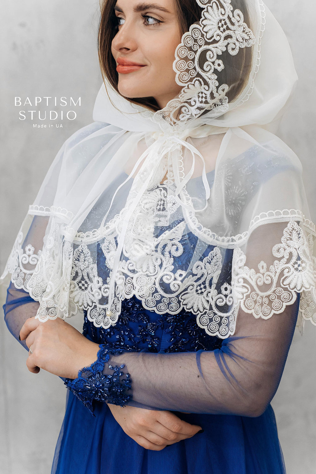 Orthodox head covering with elegant lace embroidery
