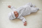Baby boy christening linen shirt with pants, hat & booties set
