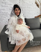 Linen Baptism Dress Set – Voluminous Lace Gown with Bonnet, Booties, Pants & Headband – Natural Christening Outfit