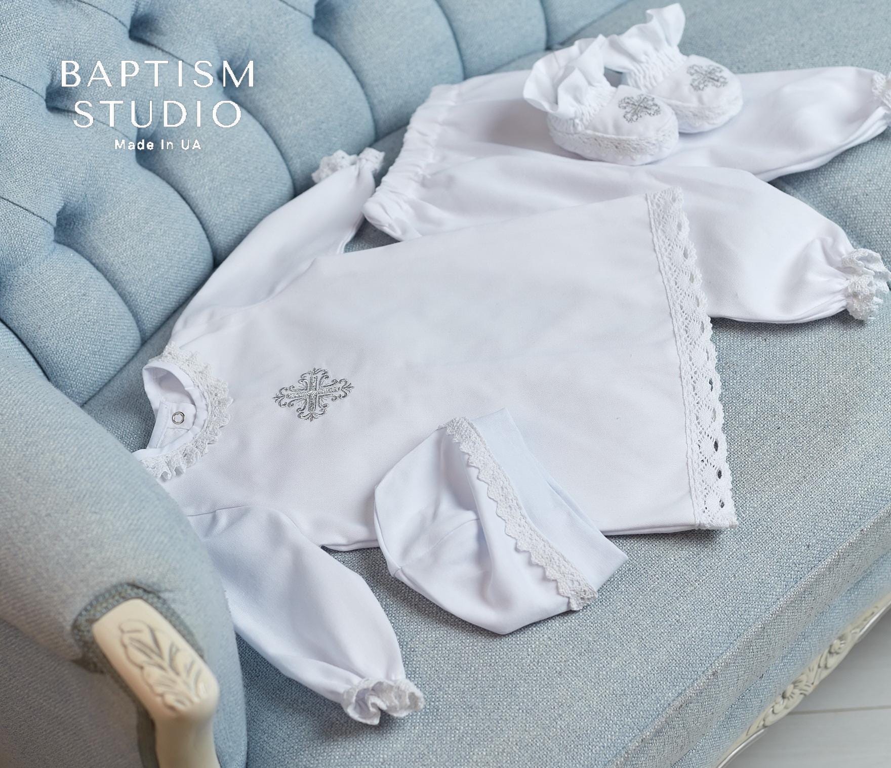 Baby Boy Christening Outfit – 4 Piece Baptism Set with Cross Embroidery