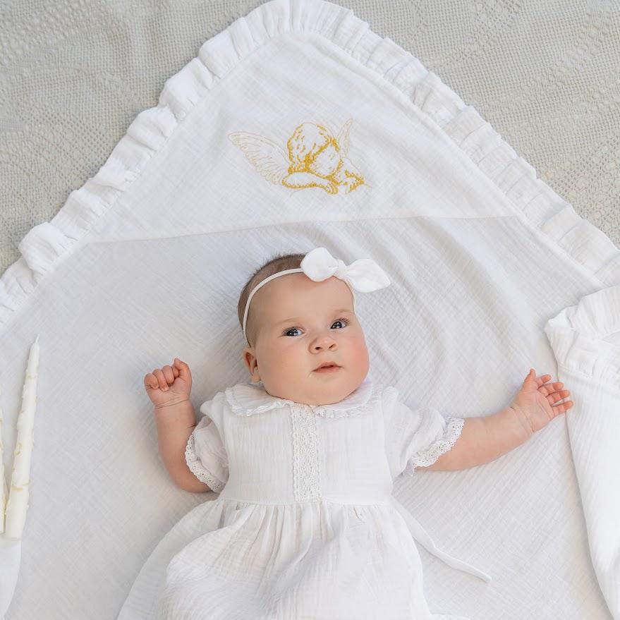 Muslin Baptism Set for Baby Girl – Dress, Blanket (80x80 cm), Booties, Headband & Candles – Personalized Christening Outfit