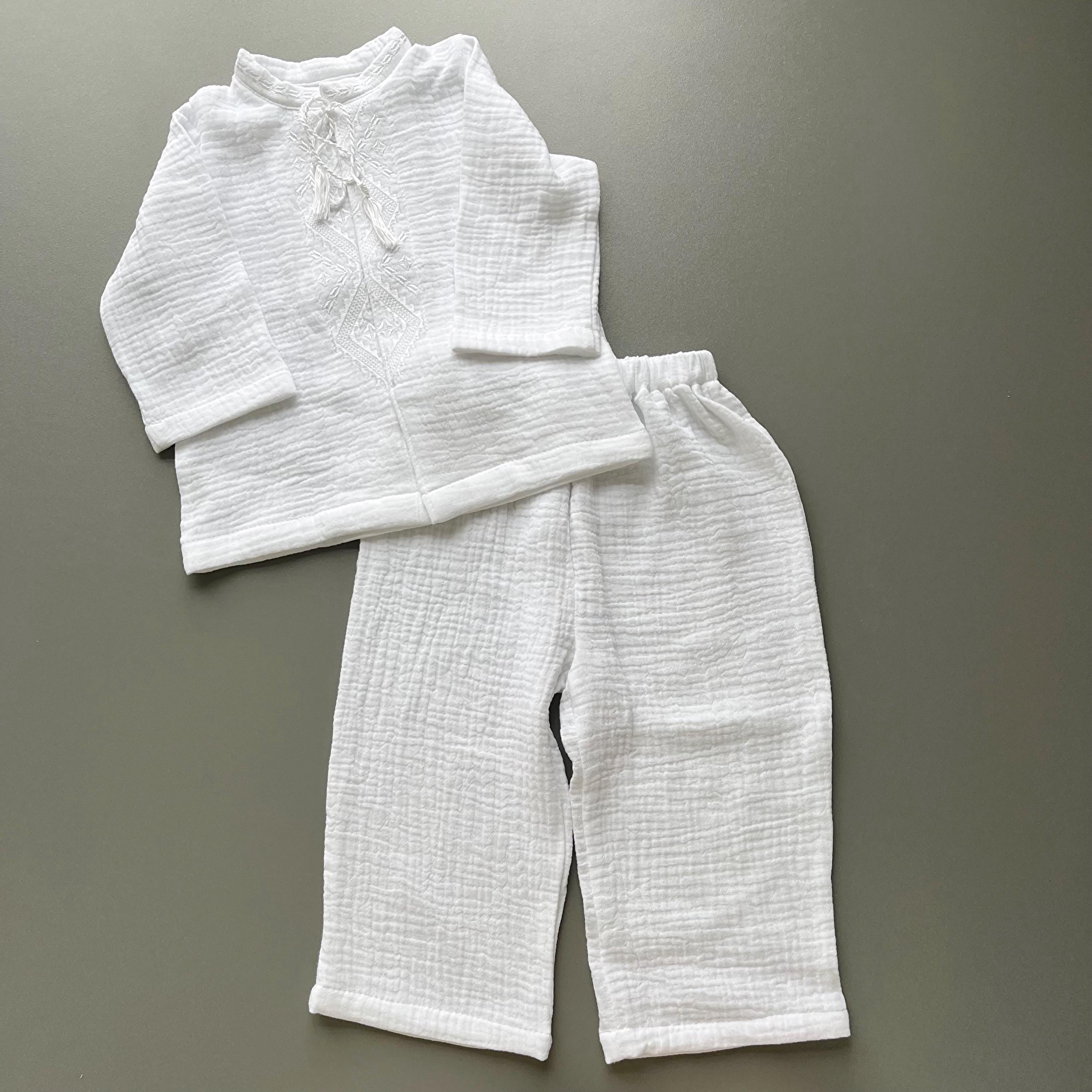 Baby Boy Baptism Outfit – White Muslin Christening Set with Shirt & Pants, White Embroidery