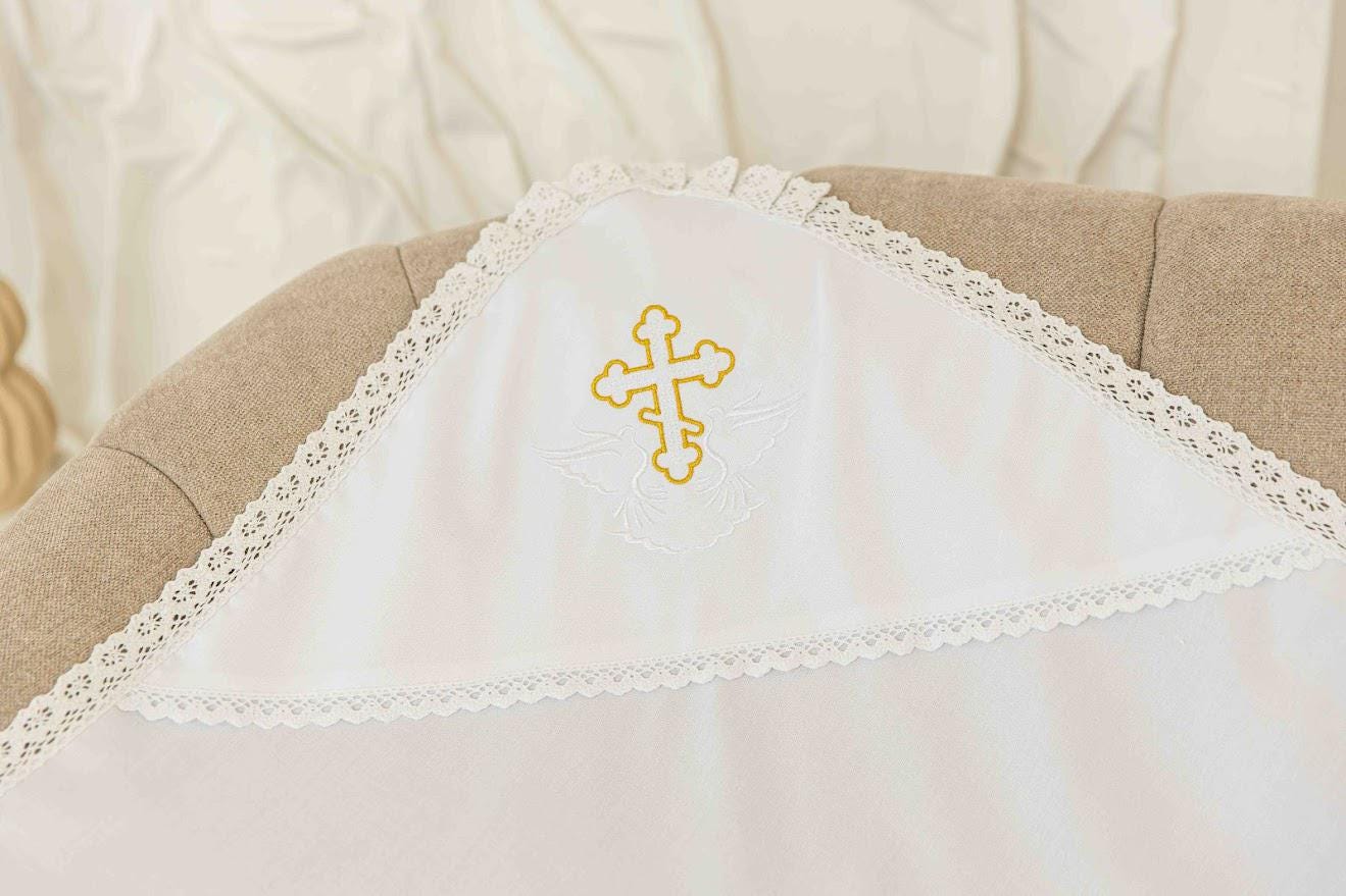 Christening gift baby blanket, Orthodox cross and dove embroidery
