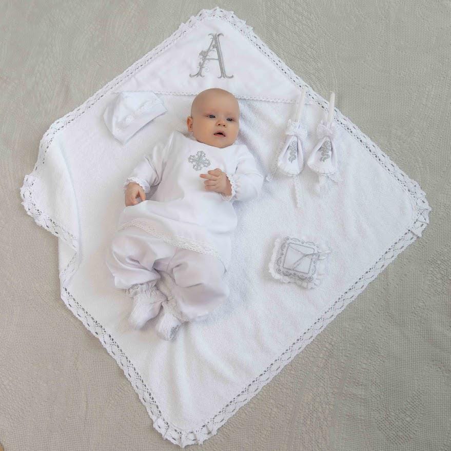 Hooded baptism towel with lace and embroidered initials for baby boy