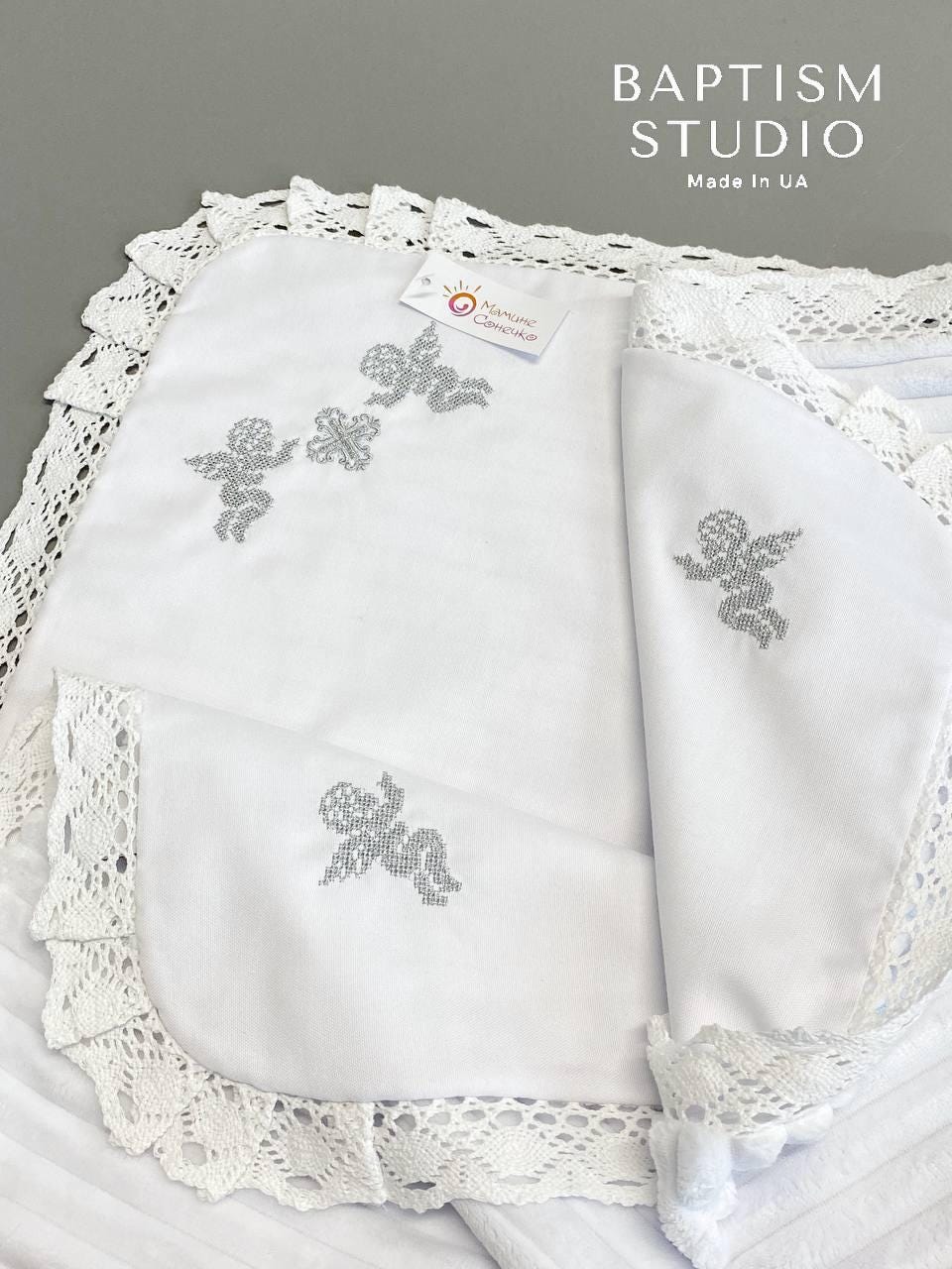 Linen Baptism Blanket with Angel Embroidery and Lace Trim