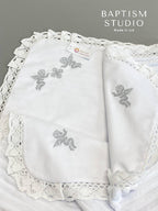 Linen Baptism Blanket with Angel Embroidery and Lace Trim