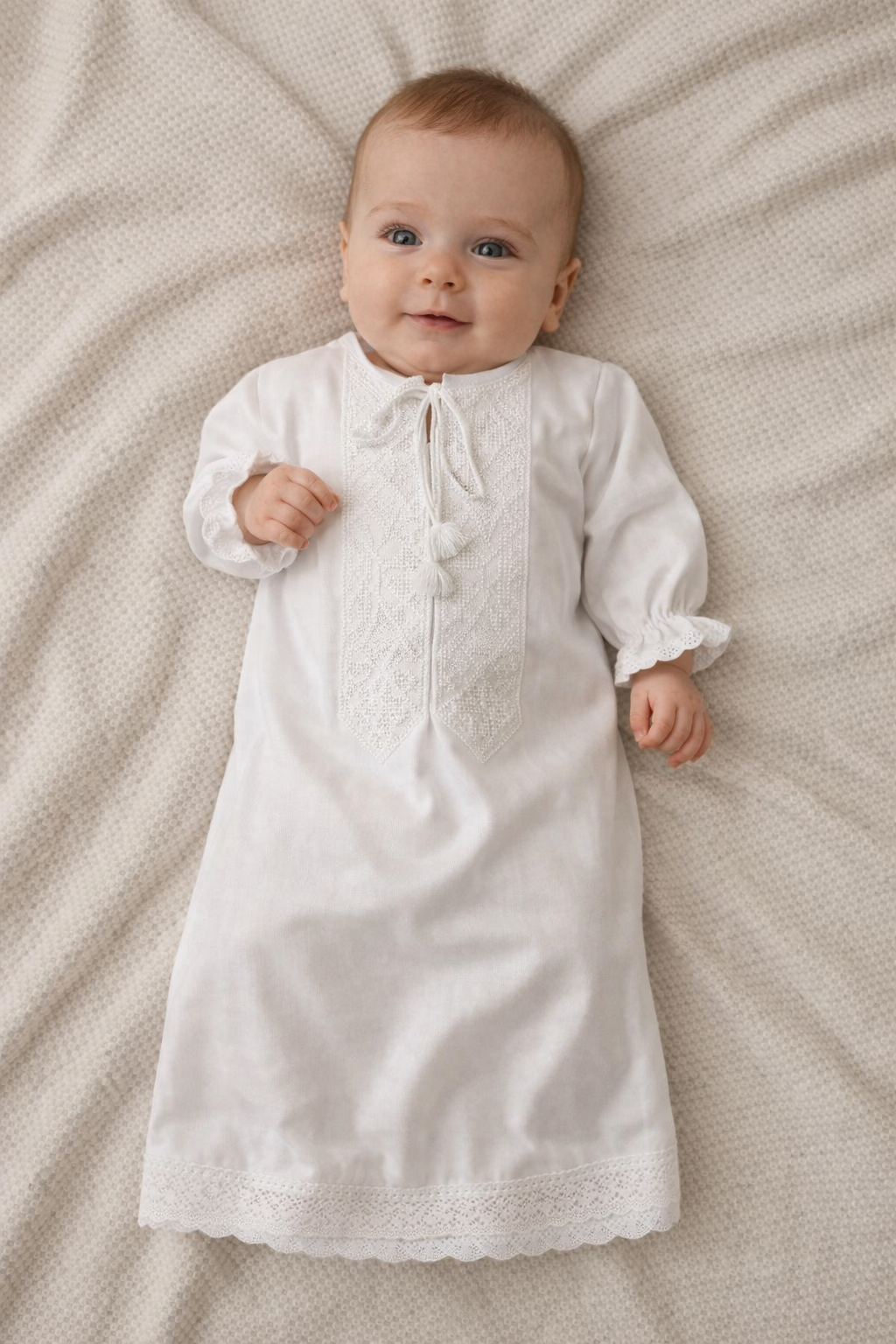 White Linen Baby Boy Baptism Gown – Christening Robe, Infant Blessing Outfit