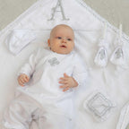 Elegant baby boy christening set with candles and cross pillow