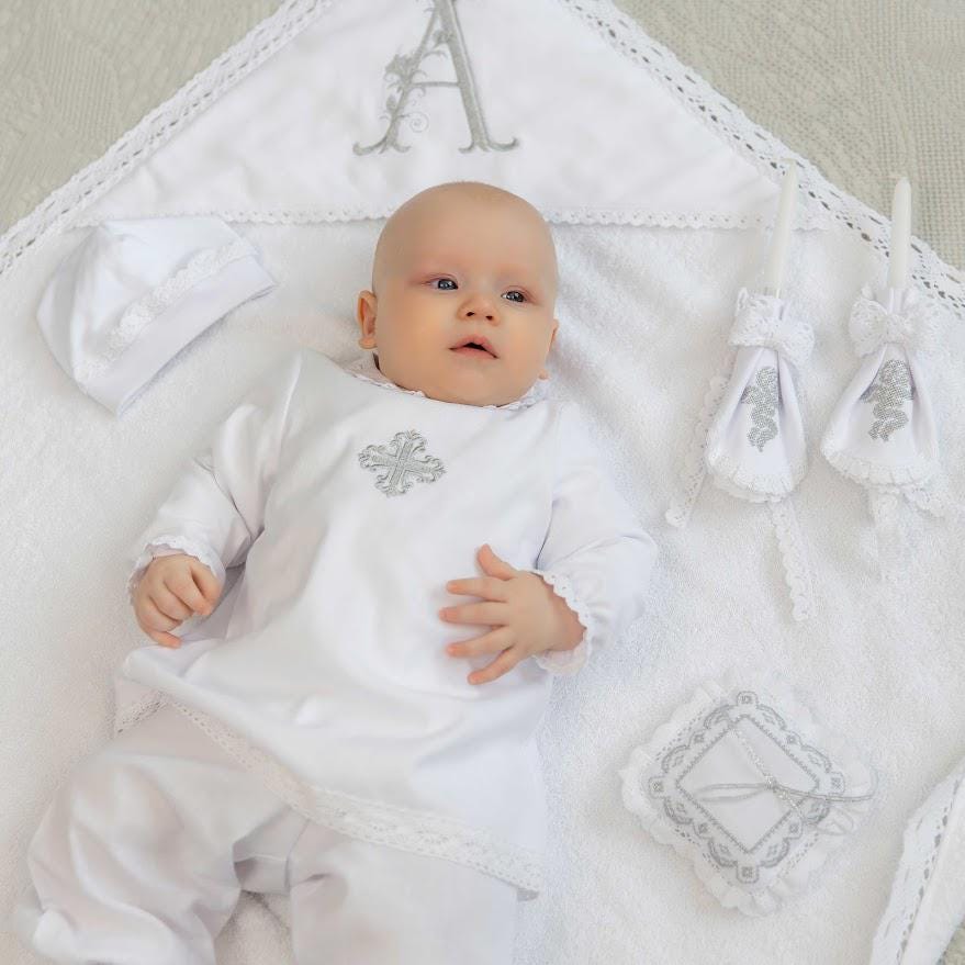 Elegant baby boy christening set with candles and cross pillow