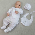 White Linen Baby Baptism Outfit with Bib | Christening Set