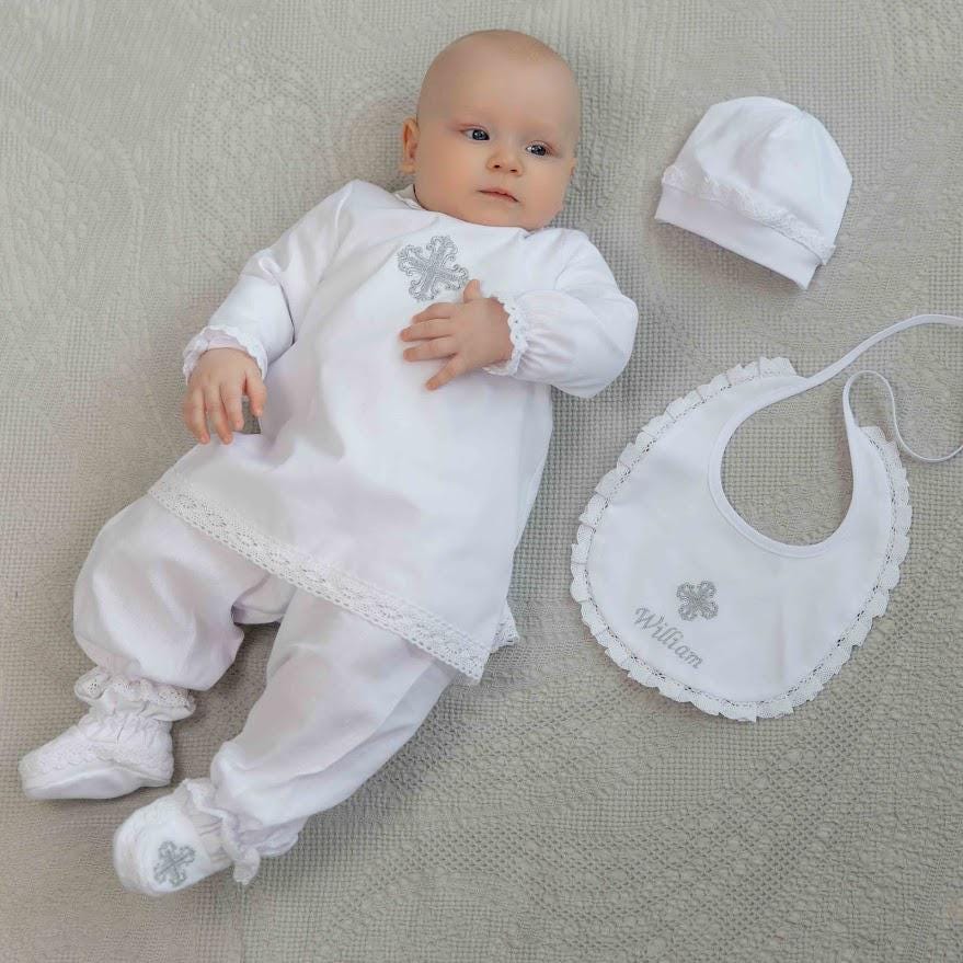 White Linen Baby Baptism Outfit with Bib | Christening Set