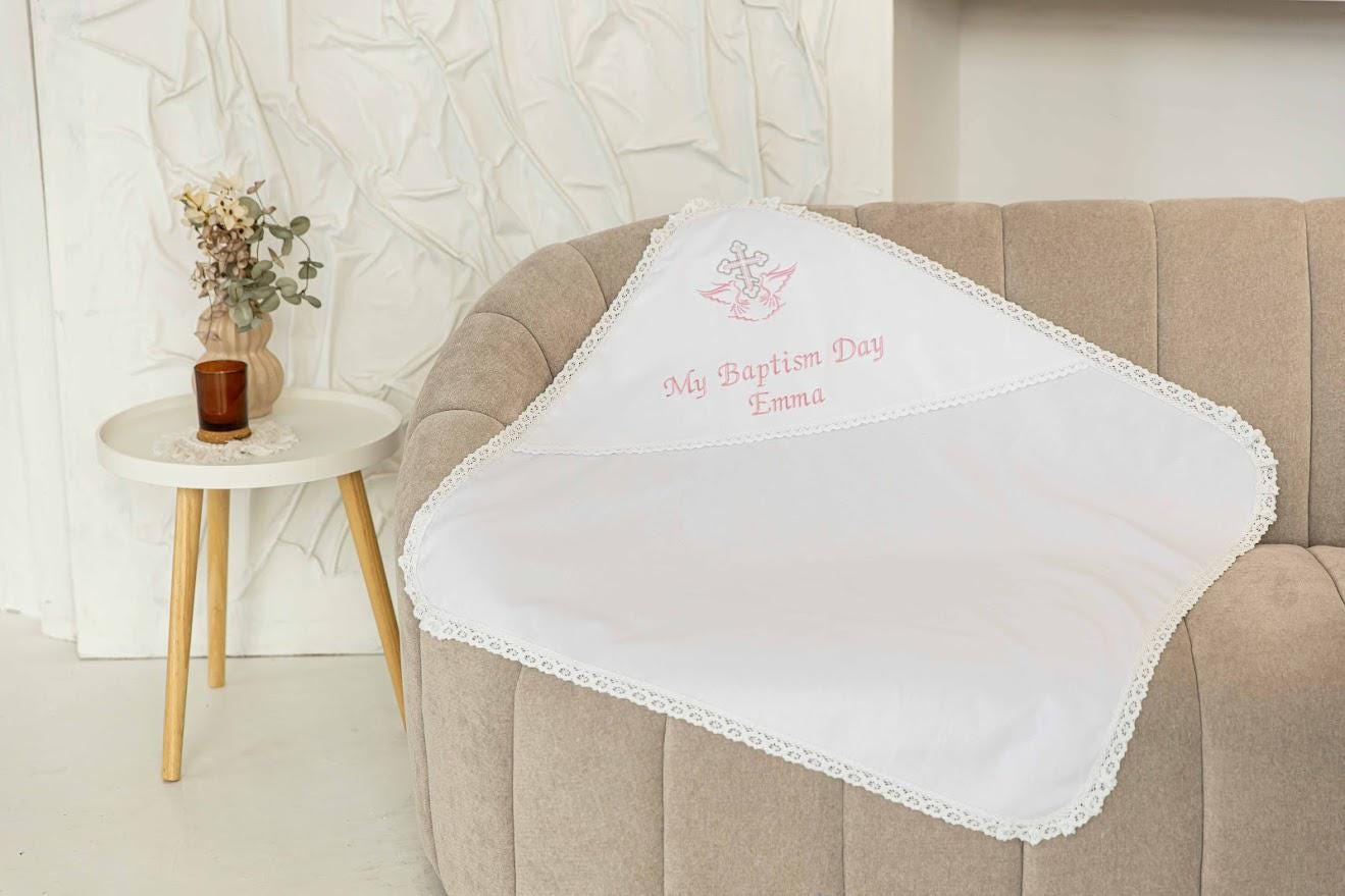Personalized Linen Baptism Blanket – Lace Christening Shawl with Custom Embroidery