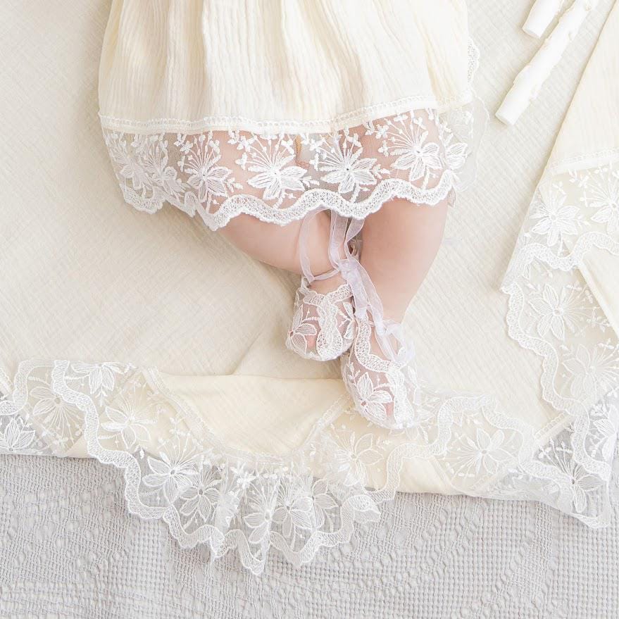Ivory Muslin Summer Baptism Set for Baby Girl with Luxurious Lace