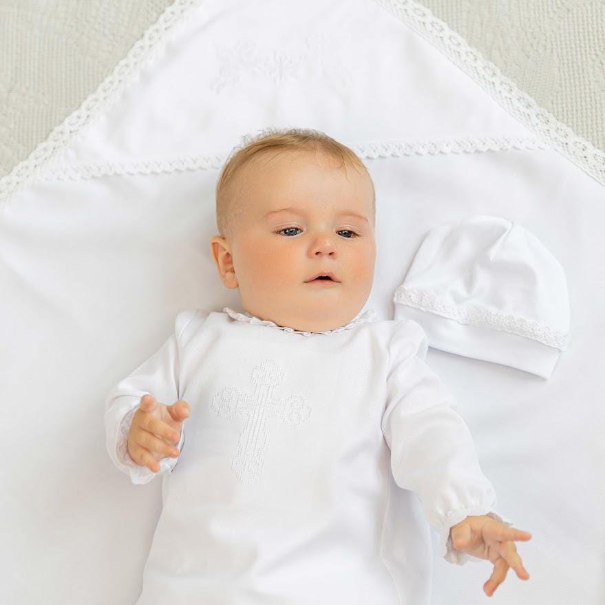 Baby Christening Set – Linen Baptism Outfit with Gown, Pants, Blanket, Bonnet & Booties | Natural White